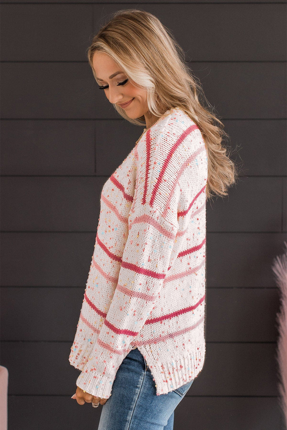 Pink Striped Confetti Drop Sleeve Knit Sweater-Sweaters-[Adult]-[Female]-2022 Online Blue Zone Planet