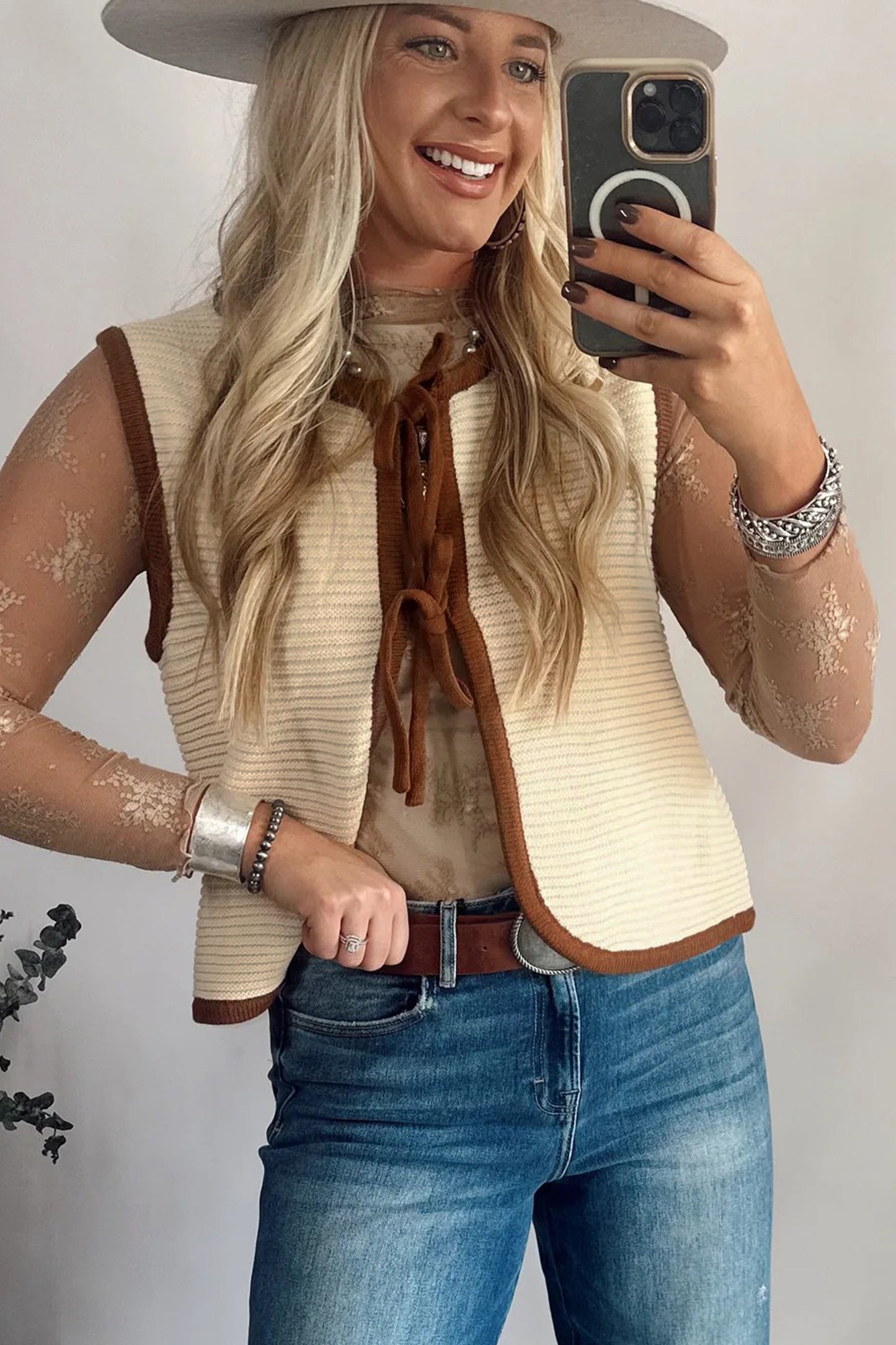 White Horizontal Ribbed Knit Contrast Trim Ties Front Sweater Vest-TOPS / DRESSES-[Adult]-[Female]-2022 Online Blue Zone Planet