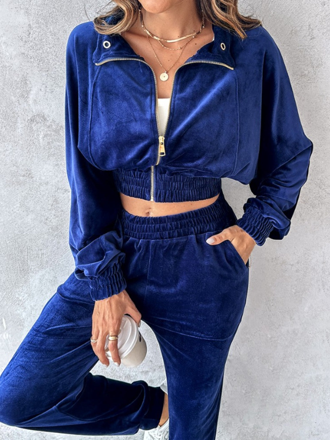 Zip Up Long Sleeve Cropped Top and Joggers Set-BOTTOMS SIZES SMALL MEDIUM LARGE-[Adult]-[Female]-2022 Online Blue Zone Planet