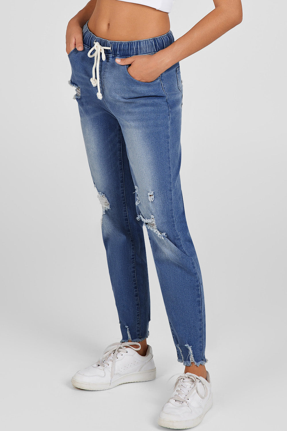 Dark Blue Elastic Waist Straight Leg Destroyed Raw Hem Jeans-Bottoms/Jeans-[Adult]-[Female]-2022 Online Blue Zone Planet
