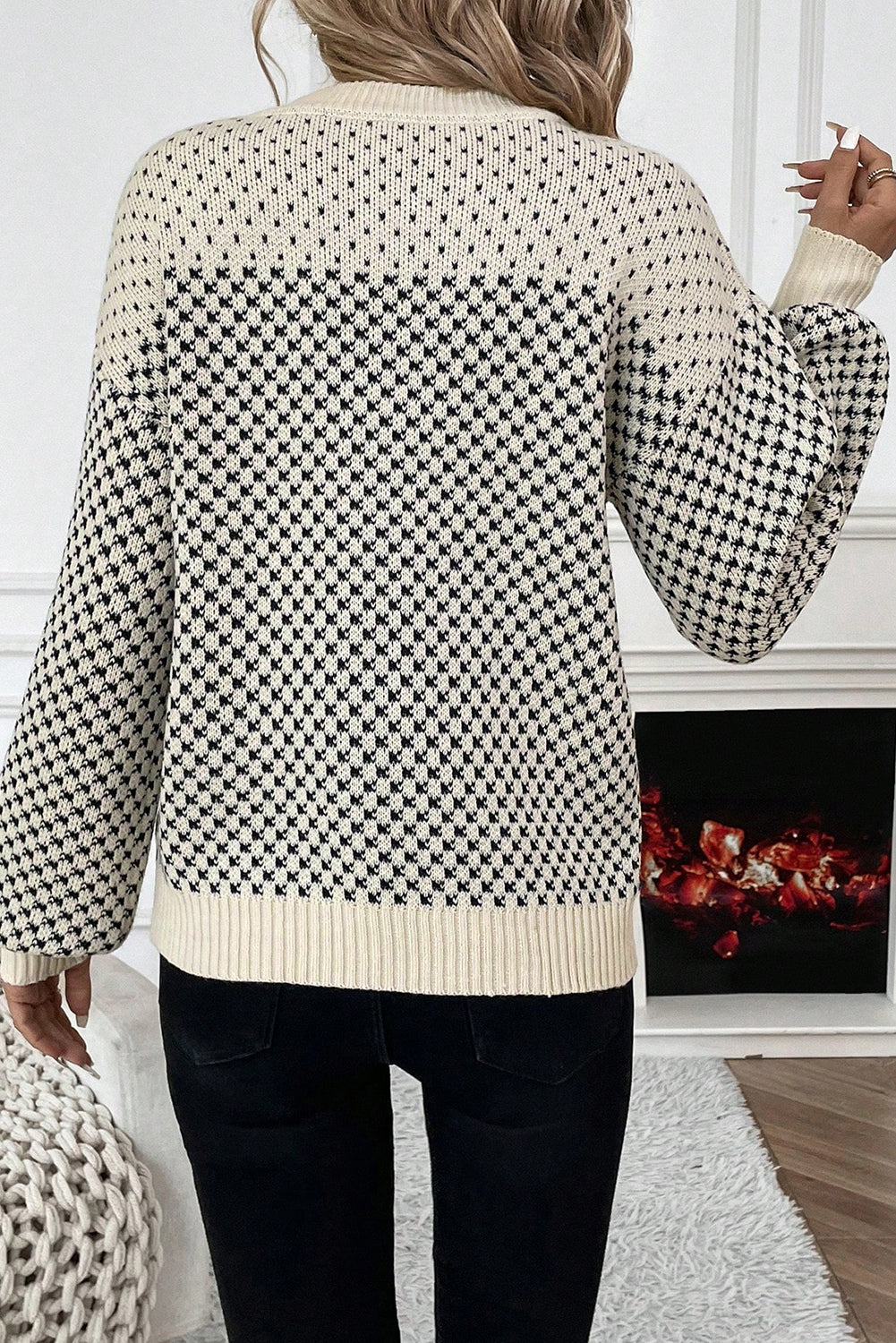 Black Contrast Color Pattern Lantern Sleeve Sweater-Sweaters & Cardigans/Sweaters-[Adult]-[Female]-2022 Online Blue Zone Planet