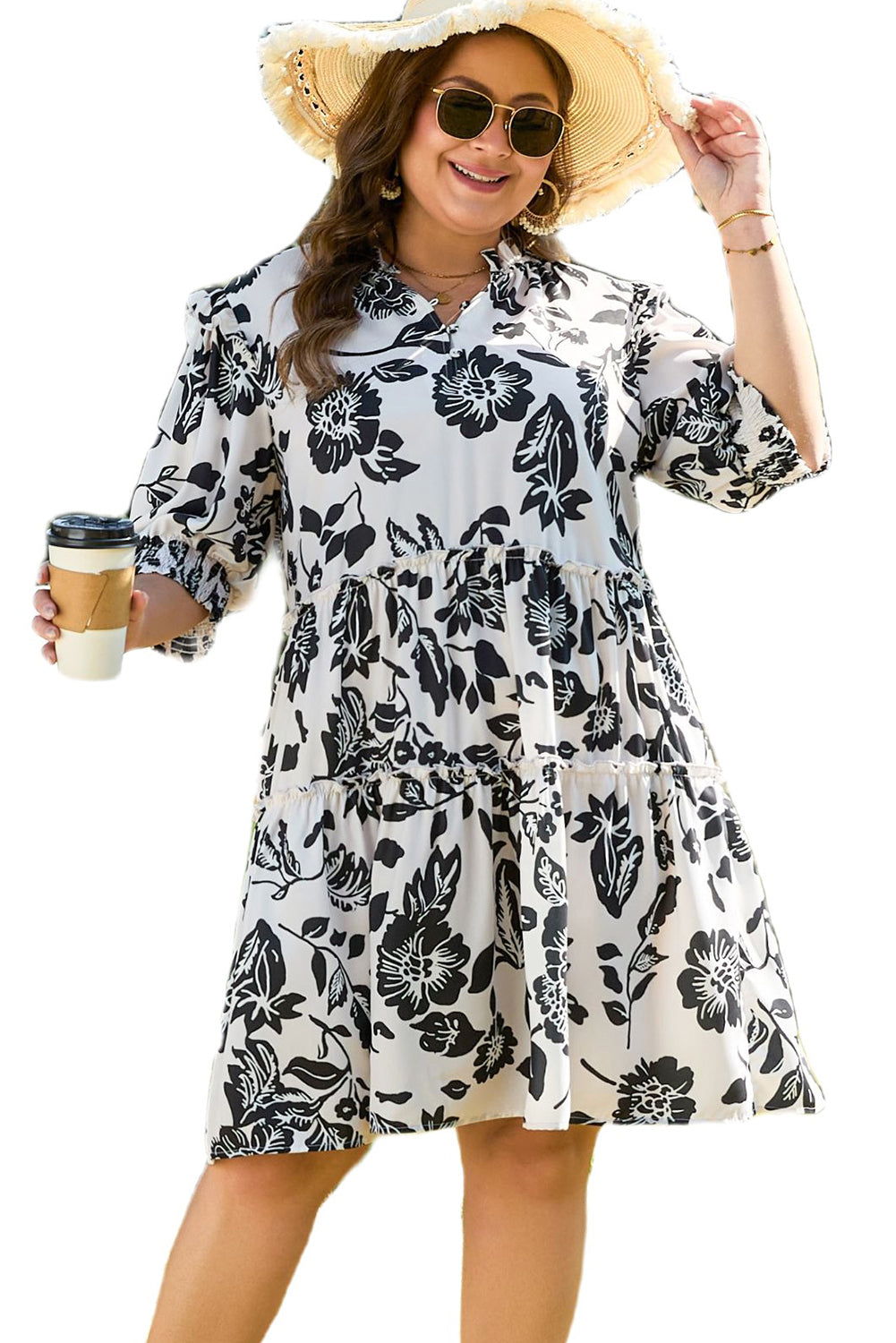 Black Floral Print Tiered Frilled Half Sleeve Plus Size Mini Dress-TOPS / DRESSES-[Adult]-[Female]-2022 Online Blue Zone Planet
