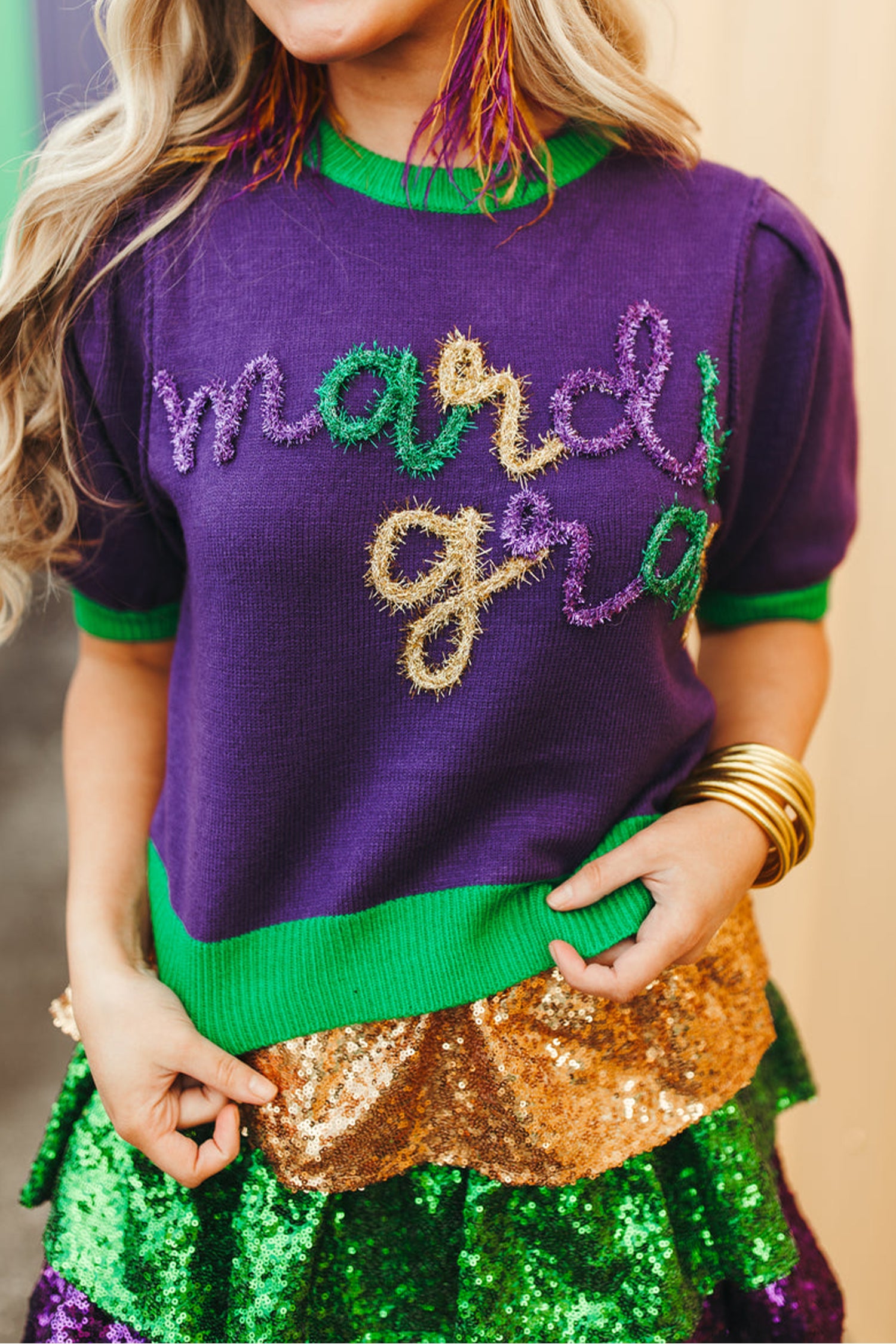 Tillandsia Purple Mardi Gras Tinsel Graphic Short Sleeve Sweater-TOPS / DRESSES-[Adult]-[Female]-Tillandsia Purple-S-2022 Online Blue Zone Planet