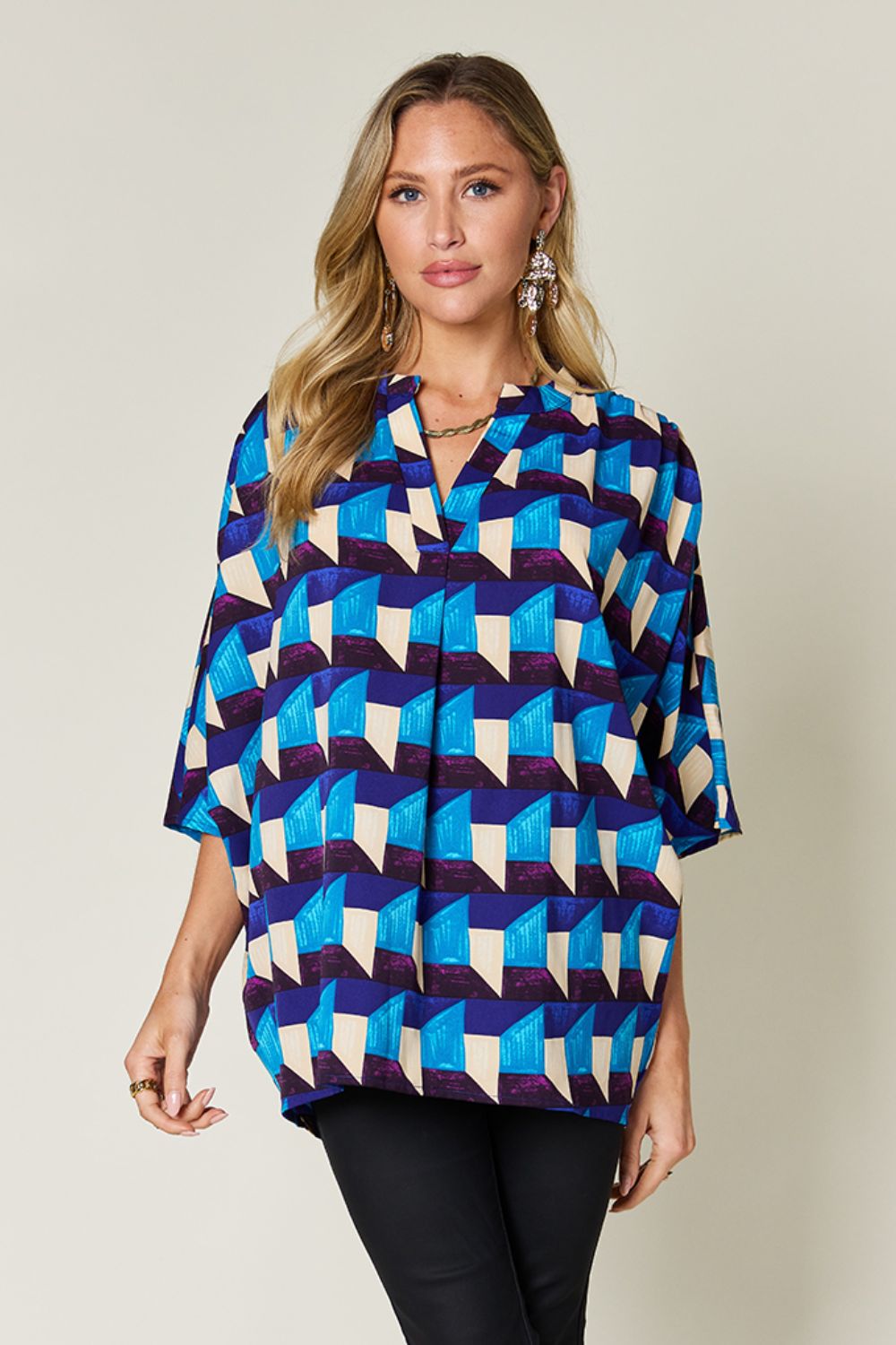 Double Take Full Size Geometric Notched Half Sleeve Blouse-TOPS / DRESSES-[Adult]-[Female]-Sky Blue-S-2022 Online Blue Zone Planet