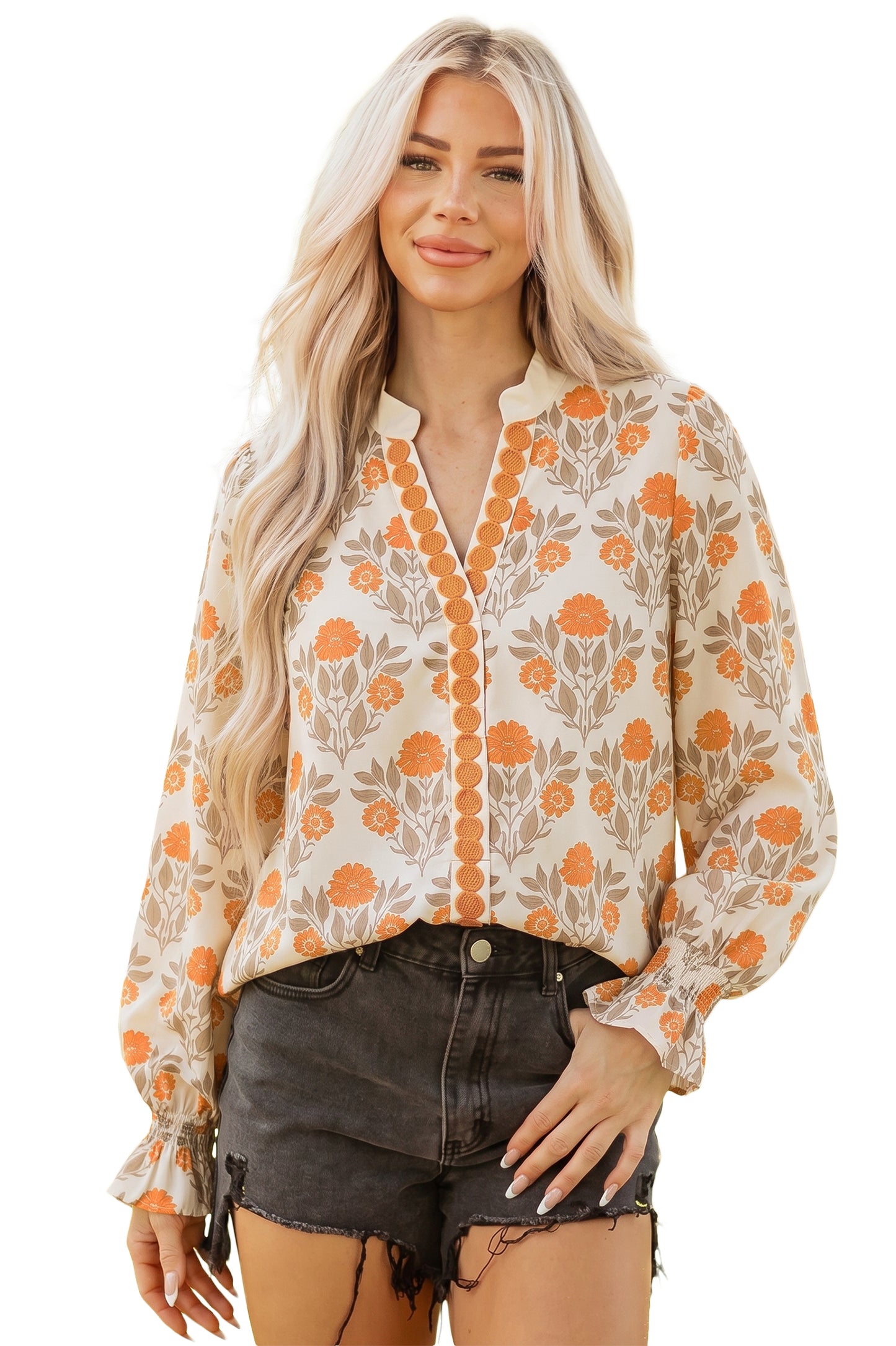 Orange Floral Print Contrast Detail V Neck Long Sleeve Blouse