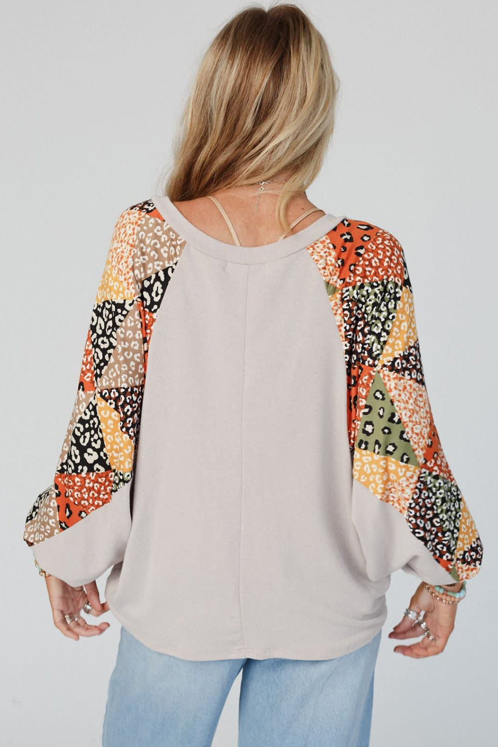 Parchment Contrast Printed Raglan Sleeves Patchwork V Neck Loose Top-Tops/Long Sleeve Tops-[Adult]-[Female]-2022 Online Blue Zone Planet
