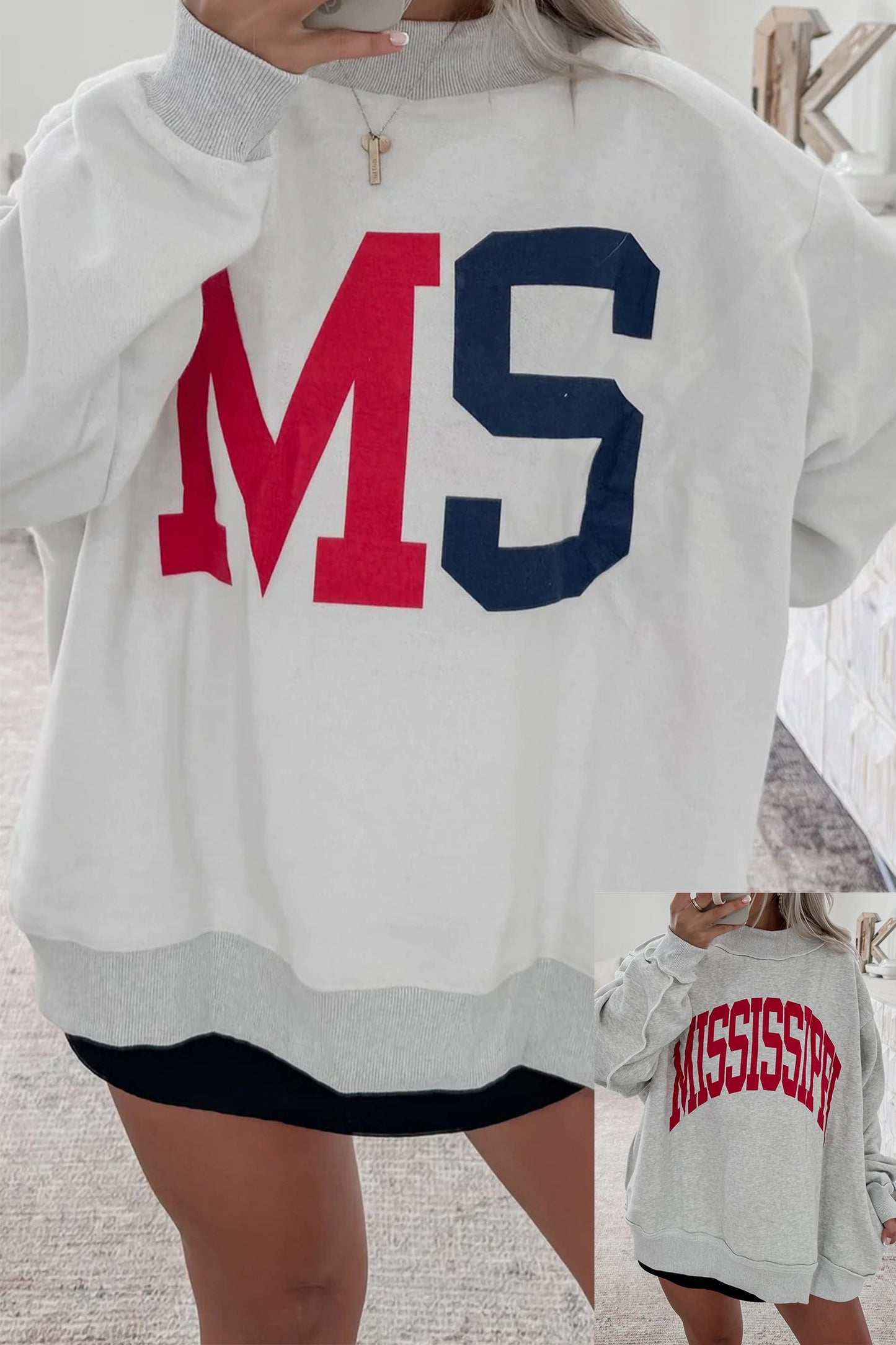 Light Grey AL Reversible Printed Ribbed Patchwork Mock Neck Sweatshirt-Graphic/Graphic Sweatshirts-[Adult]-[Female]-Light Grey1-S-2022 Online Blue Zone Planet
