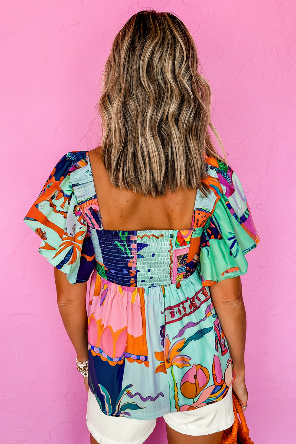 Sky Blue Tropical Printed Square Neck Flutter Sleeve Babydoll Blouse-Tops/Blouses & Shirts-[Adult]-[Female]-2022 Online Blue Zone Planet