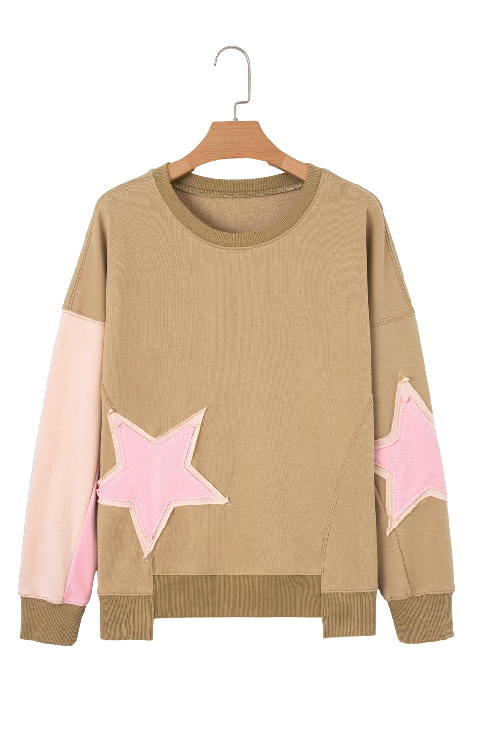 Sage Green Contrast Star Patchwork Exposed Seam Uneven Hem Drop Shoulder Sweatshirt-Tops/Sweatshirts & Hoodies-[Adult]-[Female]-2022 Online Blue Zone Planet