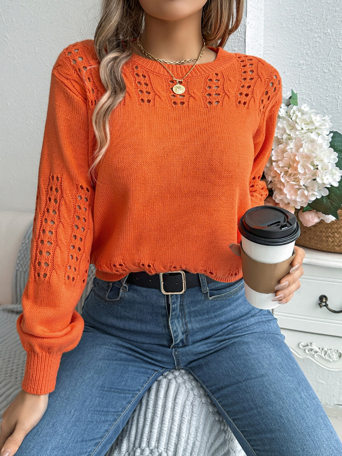 Openwork Round Neck Long Sleeve Sweater-TOPS / DRESSES-[Adult]-[Female]-2022 Online Blue Zone Planet