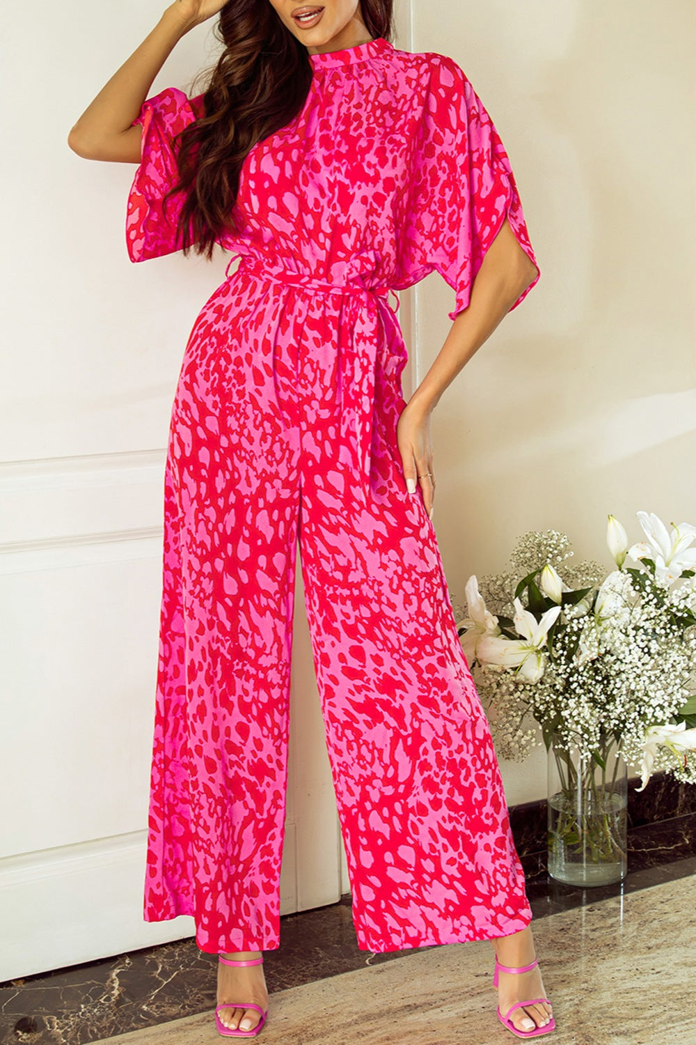 Printed Mock Neck Kimono Sleeve Jumpsuit-TOPS / DRESSES-[Adult]-[Female]-Hot Pink-S-2022 Online Blue Zone Planet