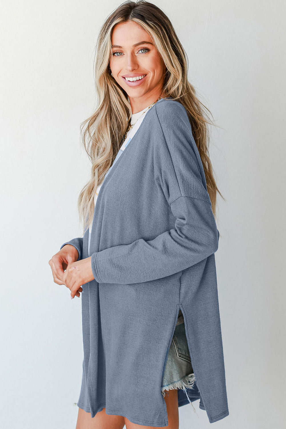 Ashleigh Blue Solid Color Rib Knit Open Front Tunic Cardigan-Sweaters & Cardigans/Cardigans-[Adult]-[Female]-2022 Online Blue Zone Planet