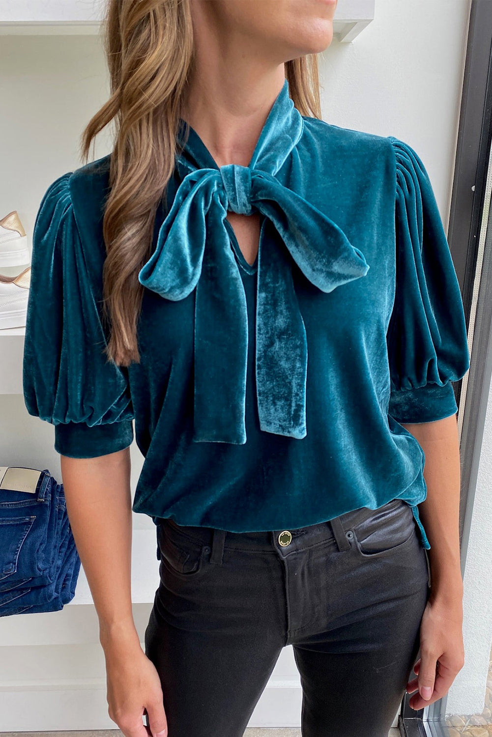 Tie Neck Half Sleeve Blouse-TOPS / DRESSES-[Adult]-[Female]-2022 Online Blue Zone Planet