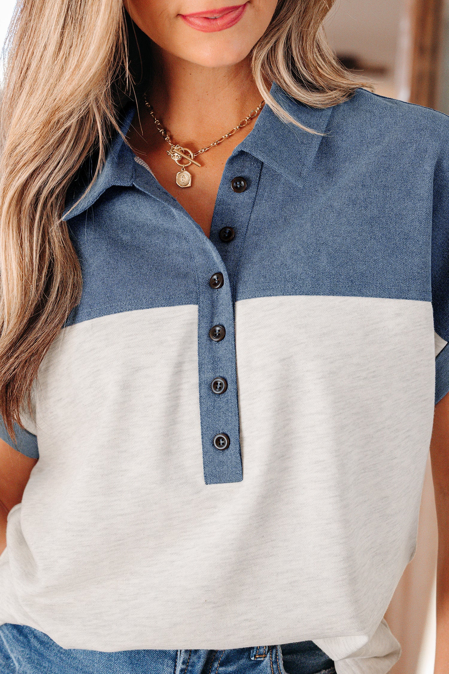 Light Grey Color Block Denim Patchwork Button Polo Collar Short Sleeve Top-Tops/Blouses & Shirts-[Adult]-[Female]-2022 Online Blue Zone Planet