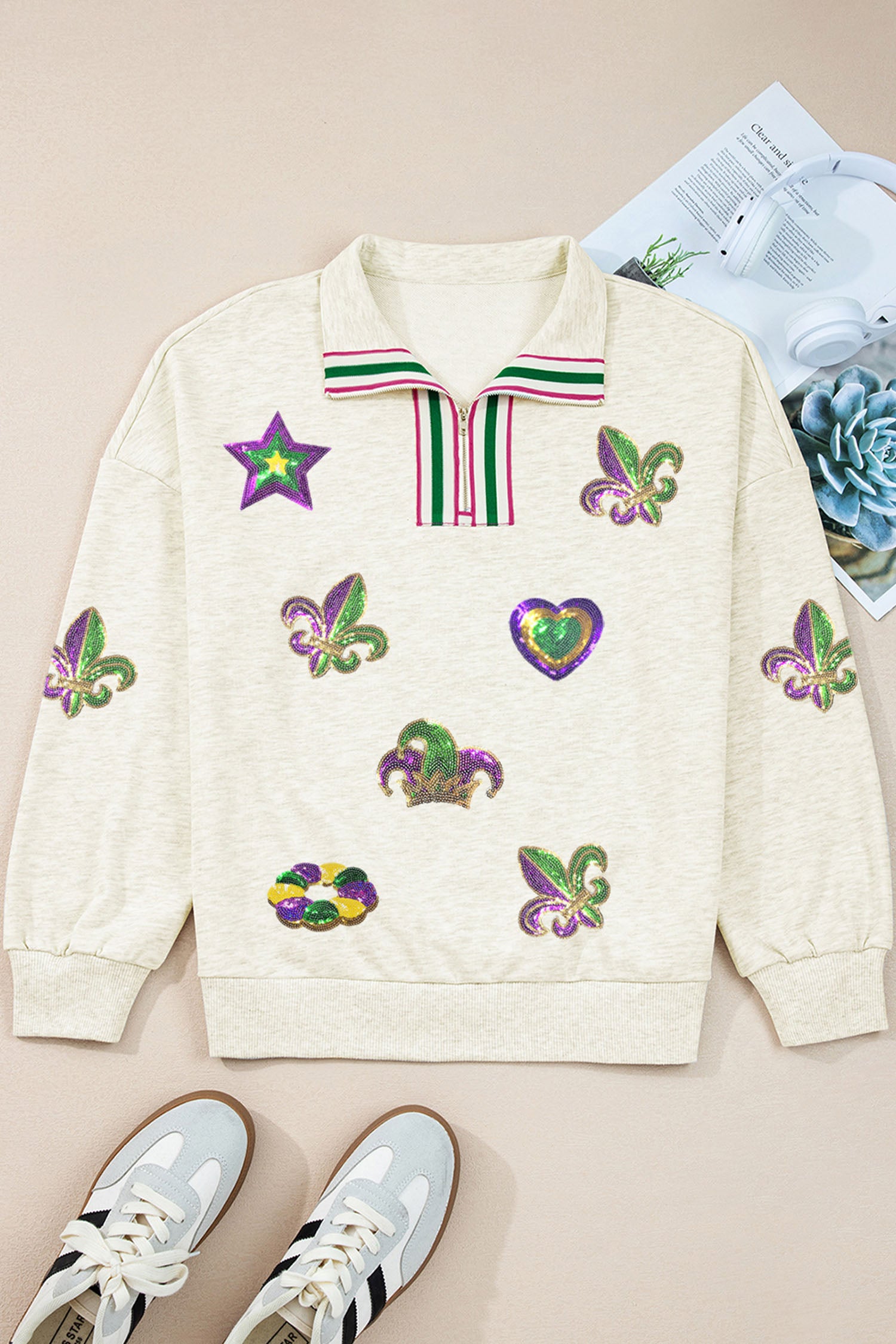 Light Grey Mardi Gras Elements Sequin Patched Striped Patchwork Zip Neck Pullover Sweatshirt-Graphic/Graphic Sweatshirts-[Adult]-[Female]-2022 Online Blue Zone Planet