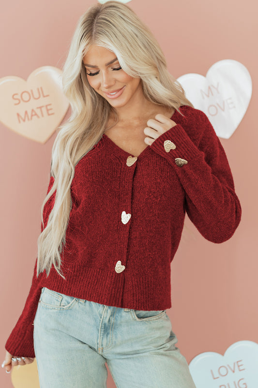 Fiery Red Heart Metal Button V Neck Cardigan Sweater-TOPS / DRESSES-[Adult]-[Female]-2022 Online Blue Zone Planet