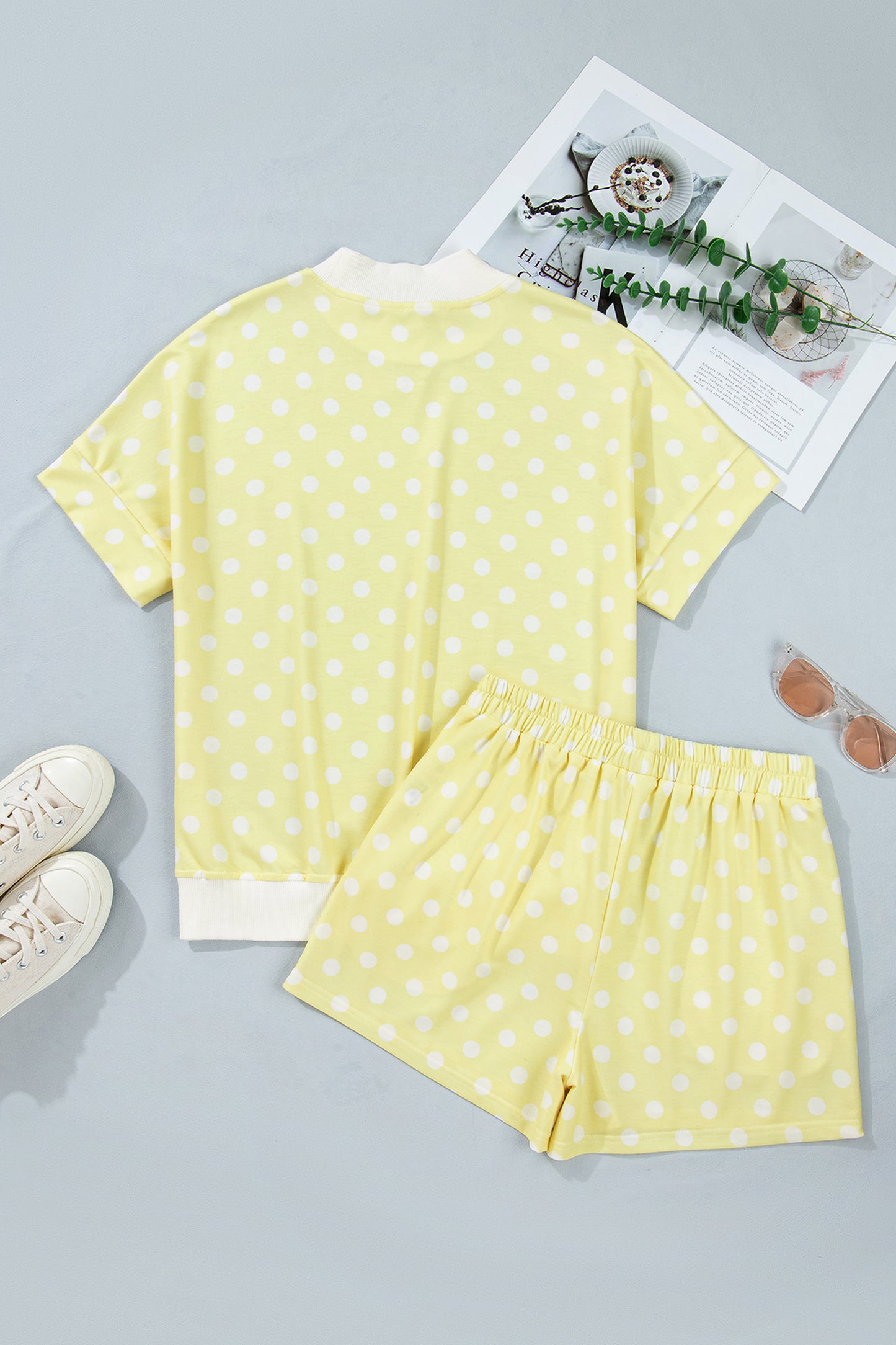 Sky Blue Polka Dot Print Color Block Trim Mock Neck Short Set-Two Piece Sets/Short Sets-[Adult]-[Female]-2022 Online Blue Zone Planet