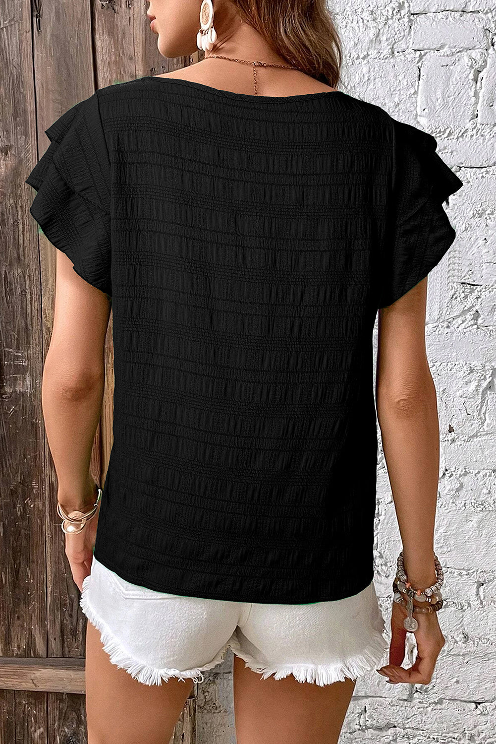 Black Textured Ruffled Sleeve Round Neck Top-Tops/Blouses & Shirts-[Adult]-[Female]-2022 Online Blue Zone Planet