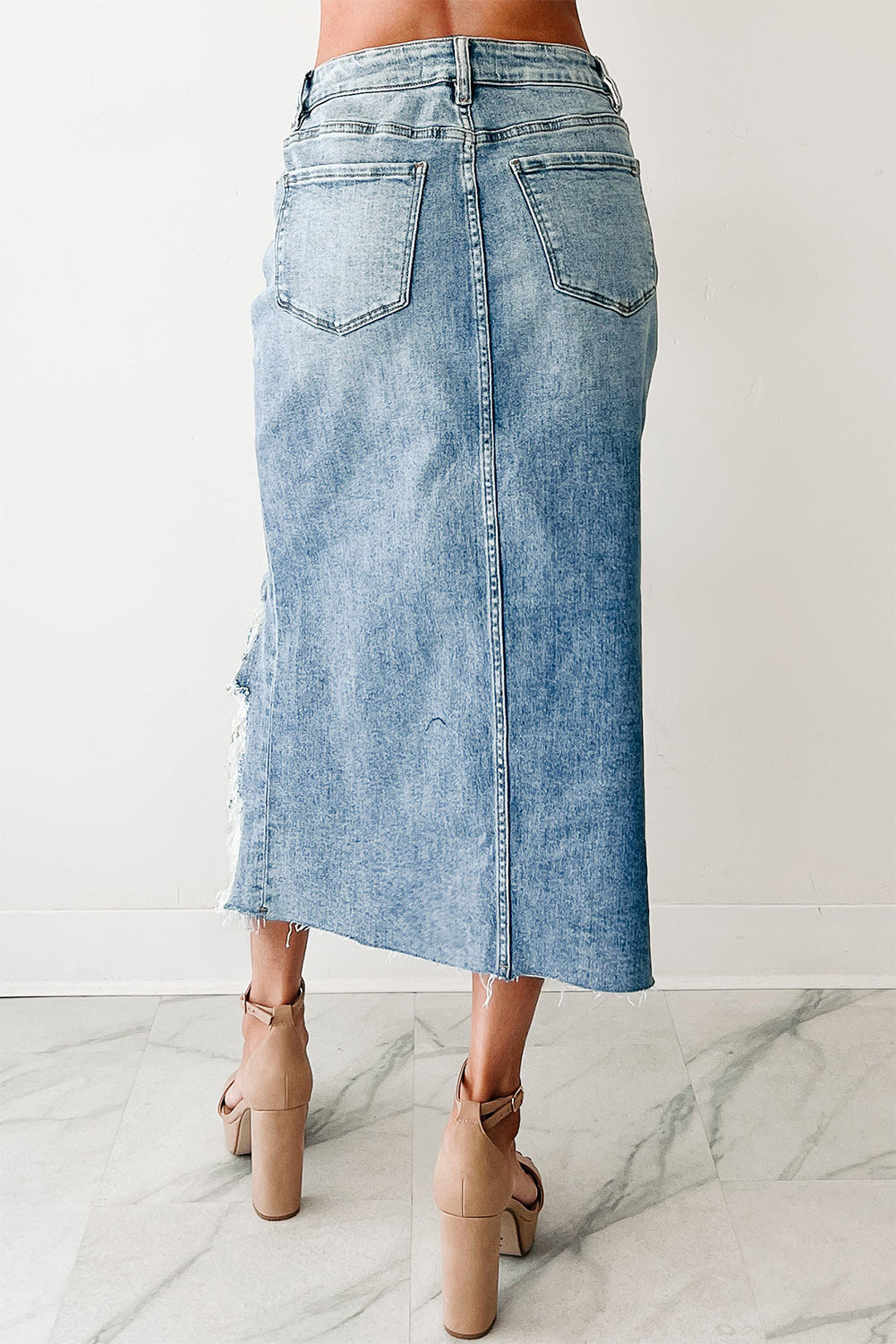 Myosotis Irregular Distressed Bottom Denim Midi Skirt-Bottoms/Skirts & Petticoat-[Adult]-[Female]-2022 Online Blue Zone Planet