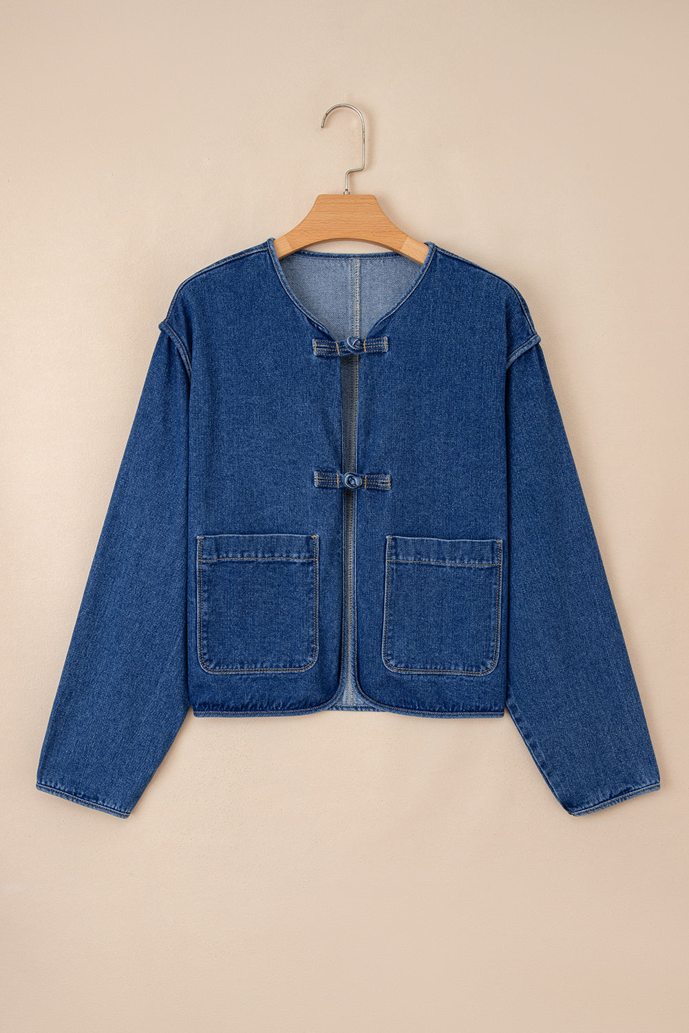 Sail Blue Vintage Fastening Big Patched Pockets Straight Cut Deep Wash Denim Jacket-Outerwear/Denim jackets-[Adult]-[Female]-2022 Online Blue Zone Planet