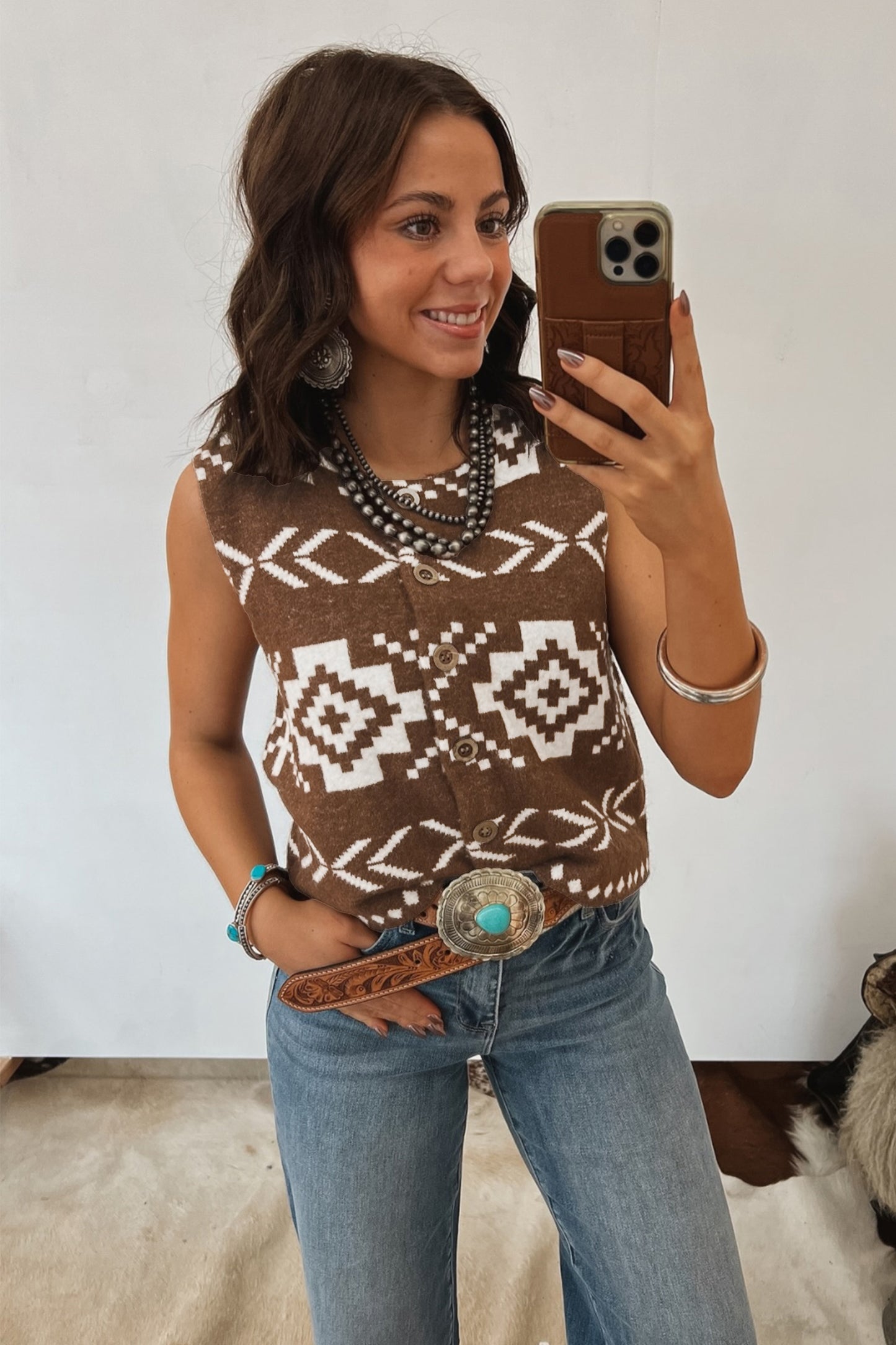 Brown Southwestern Aztec Button Square Neck Sweater Vest-Sweaters & Cardigans/Sweater Vests-[Adult]-[Female]-2022 Online Blue Zone Planet