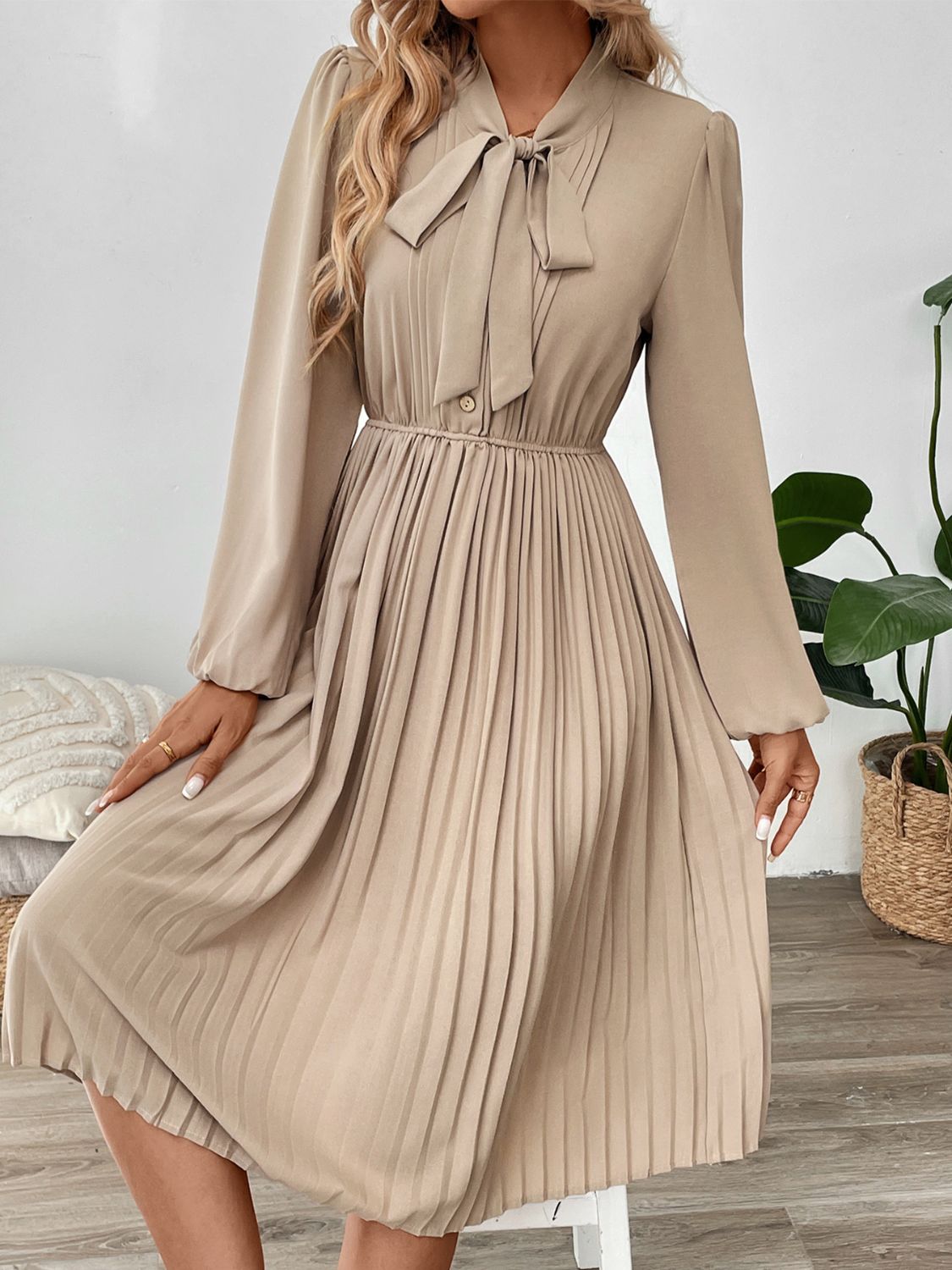 Perfee Pleated Tie Neck Long Sleeve Dress-TOPS / DRESSES-[Adult]-[Female]-2022 Online Blue Zone Planet