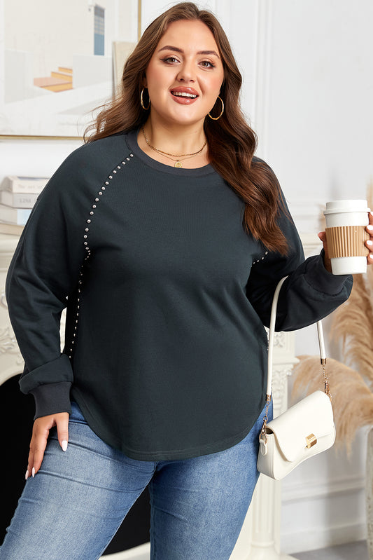 Black Studded Decor Ribbed Edge Mineral Wash Plus Size Jumper-Plus Size/Plus Size Tops/Plus Size Long Sleeve Tops-[Adult]-[Female]-Black-1X-2022 Online Blue Zone Planet