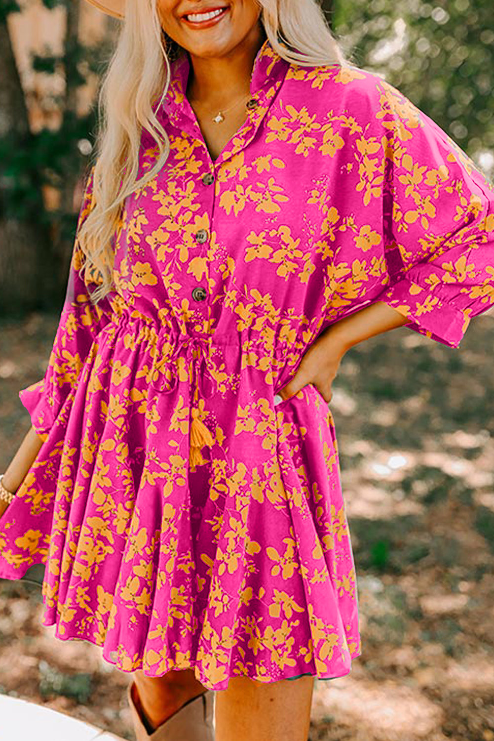 Pink Floral Print Drawstring Flowy Short Dress-20% OFF-[Adult]-[Female]-Pink-L-2022 Online Blue Zone Planet