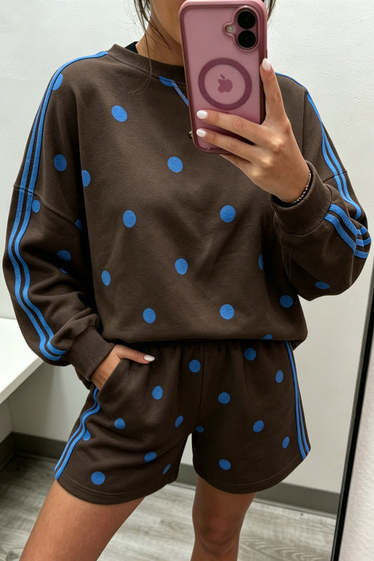 Brown Polka Dot Print Varsity Striped Detail Long Sleeve Top Short Set-Two Piece Sets/Short Sets-[Adult]-[Female]-Brown-S-2022 Online Blue Zone Planet