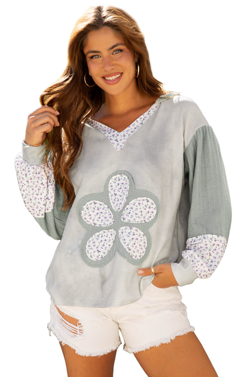 Green Floral Patched Waffle Textured Colorblock V Neck Casual Hooded Top-Tops/Long Sleeve Tops-[Adult]-[Female]-2022 Online Blue Zone Planet