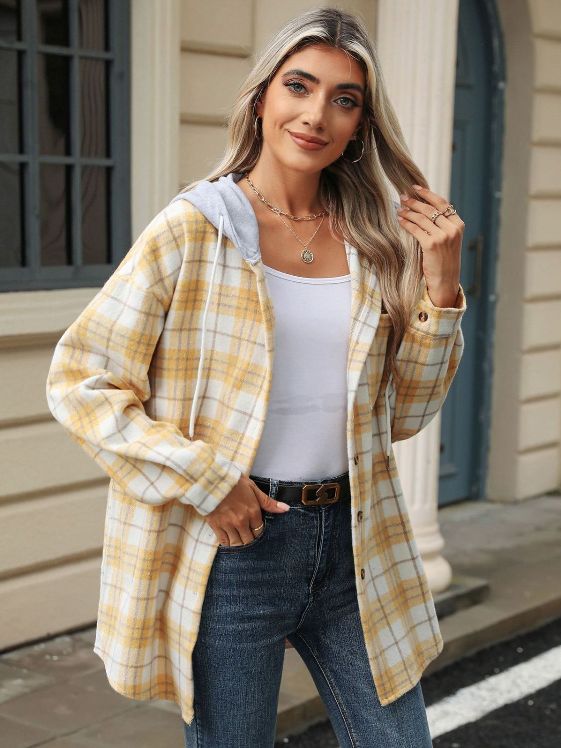 Drawstring Plaid Button Up Hooded Jacket-TOPS / DRESSES-[Adult]-[Female]-2022 Online Blue Zone Planet