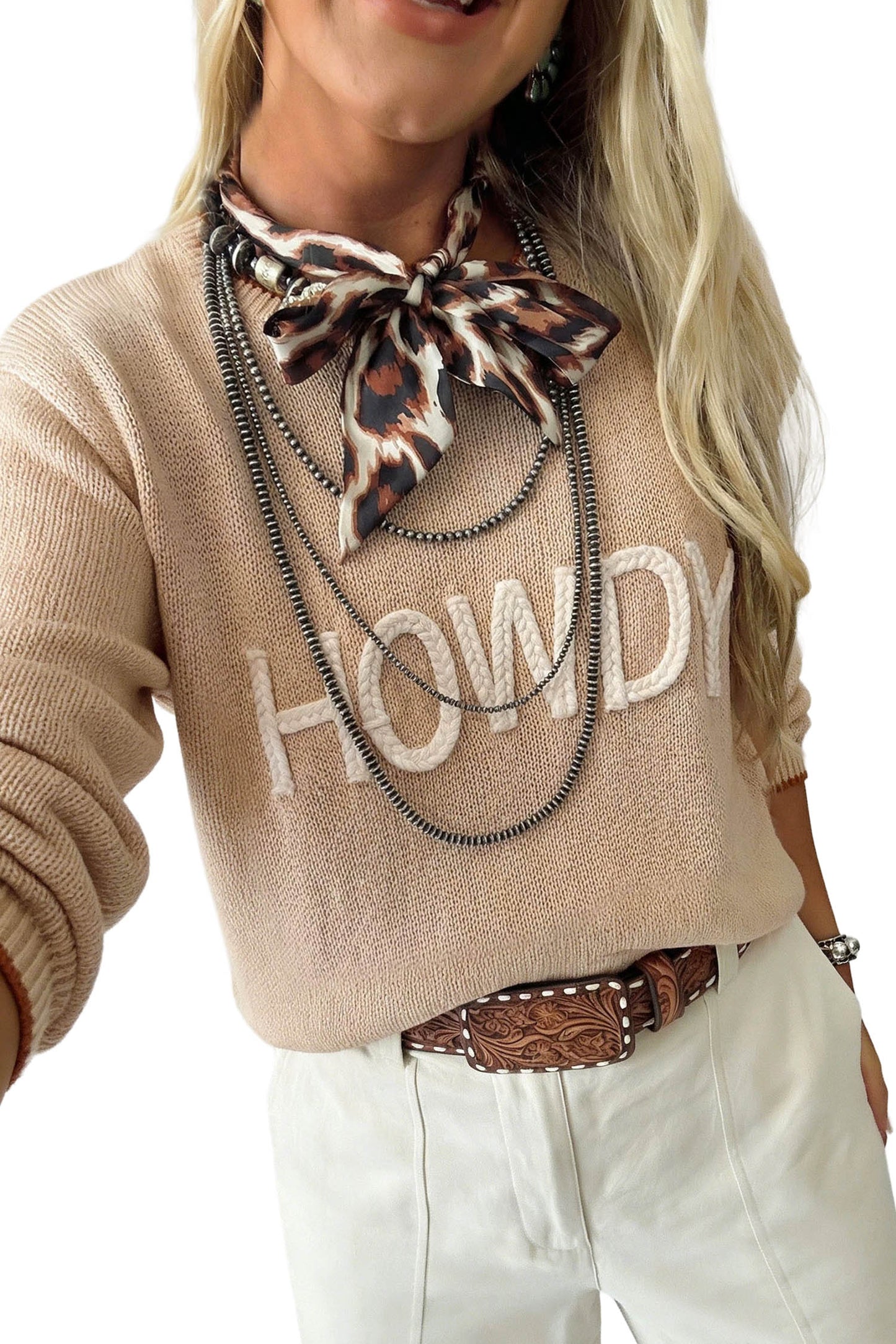 Parchment Corder HOWDY Letter Graphic Crew Neck Relaxed Sweater