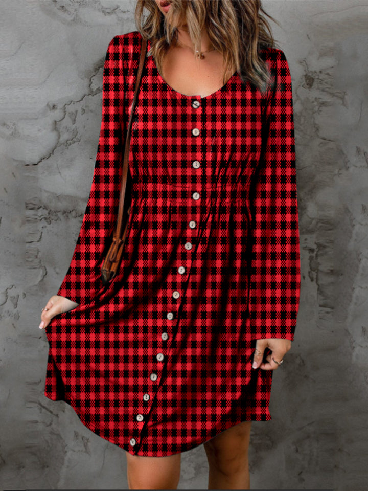 Double Take Full Size Plaid Round Neck Long Sleeve Magic Dress-TOPS / DRESSES-[Adult]-[Female]-Deep Red-S-2022 Online Blue Zone Planet