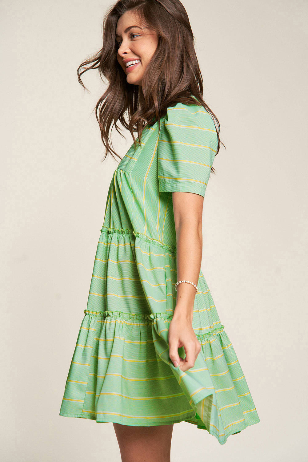Green Stripe V Neck Short Sleeve Frilled Detail A-line Dress-TOPS / DRESSES-[Adult]-[Female]-2022 Online Blue Zone Planet