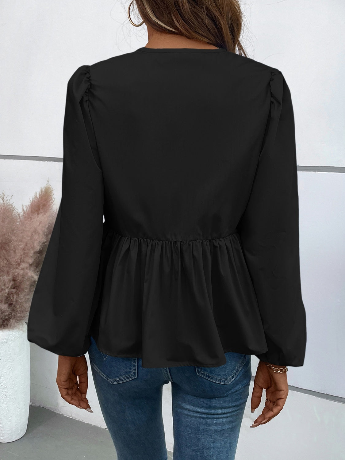 Blue Zone Planet | Ivy Lane Peplum Tied Long Sleeve Blouse-TOPS / DRESSES-[Adult]-[Female]-2022 Online Blue Zone Planet