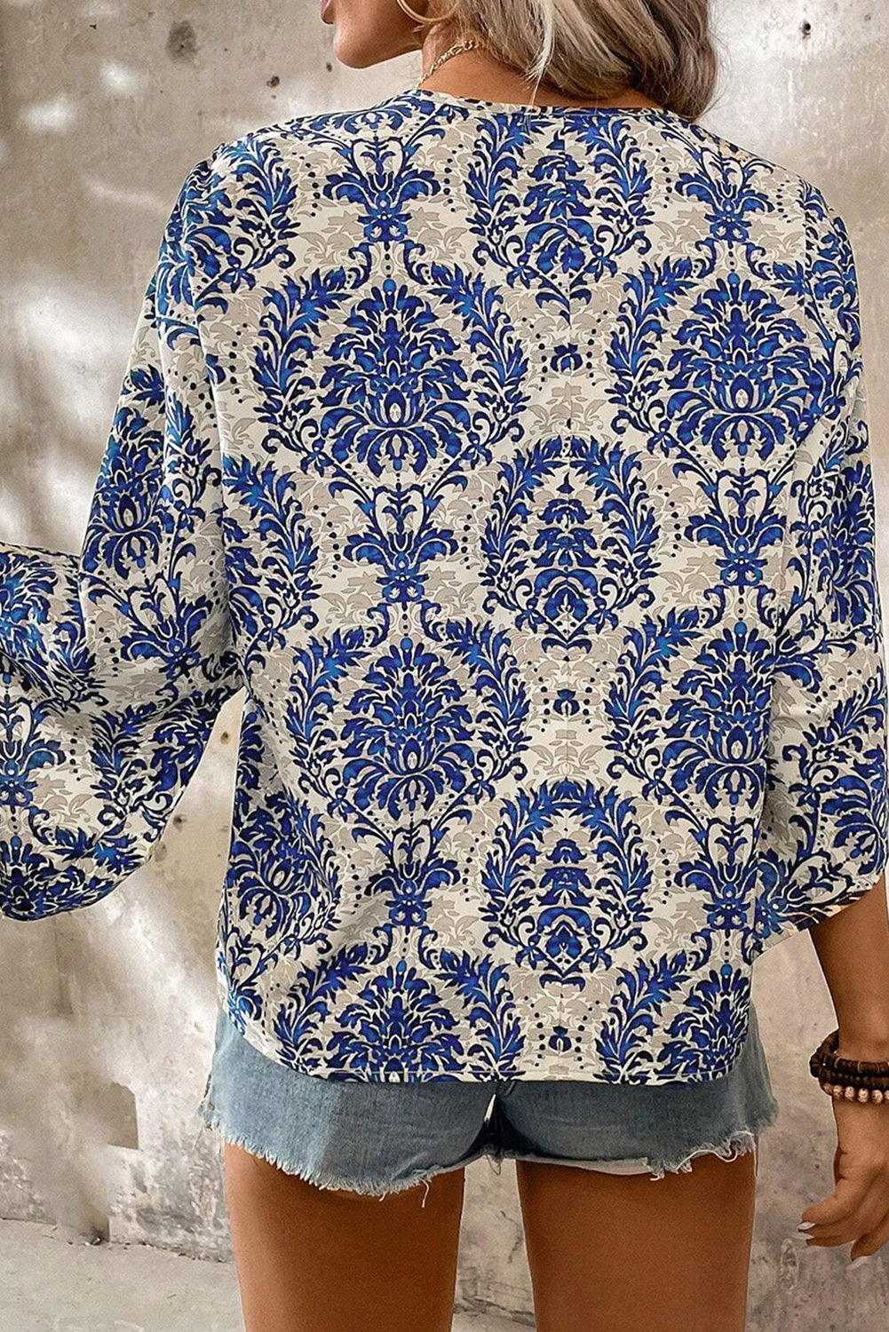 Blue Zone Planet | Blue Plus Size Ethnic Printed 3/4 Sleeve V Neck Loose Blouse-Plus Size/Plus Size Tops/Plus Size Blouses & Shirts-[Adult]-[Female]-2022 Online Blue Zone Planet