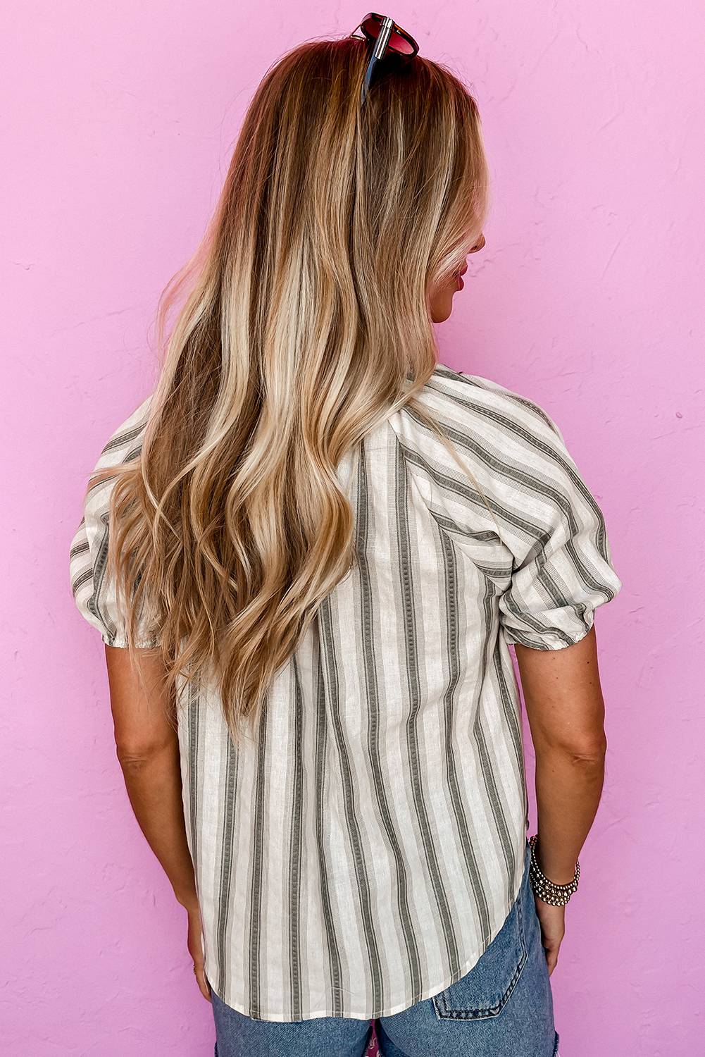 Gray Stripe Frilled Tie Neck Short Sleeve Blouse-Tops/Blouses & Shirts-[Adult]-[Female]-2022 Online Blue Zone Planet