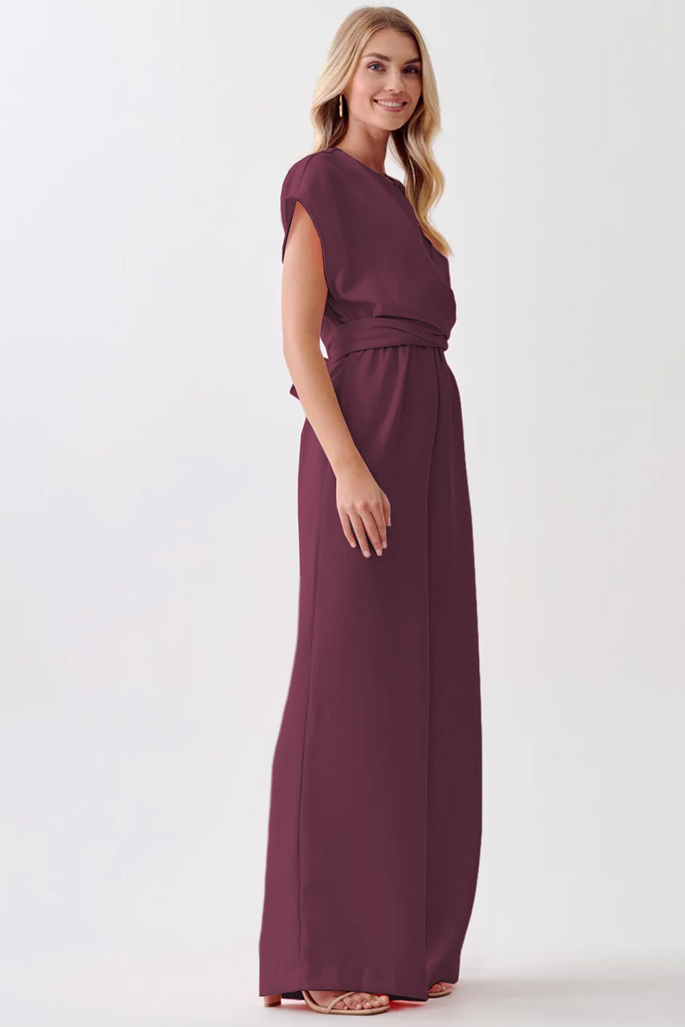 Burgundy Solid Color Cap Sleeve Knot Waist Shift Jumpsuit-Bottoms/Jumpsuits & Rompers-[Adult]-[Female]-2022 Online Blue Zone Planet