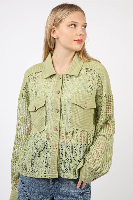 VERY J Button Up Long Sleeve Lace Shirt-TOPS / DRESSES-[Adult]-[Female]-Sage-S-2022 Online Blue Zone Planet