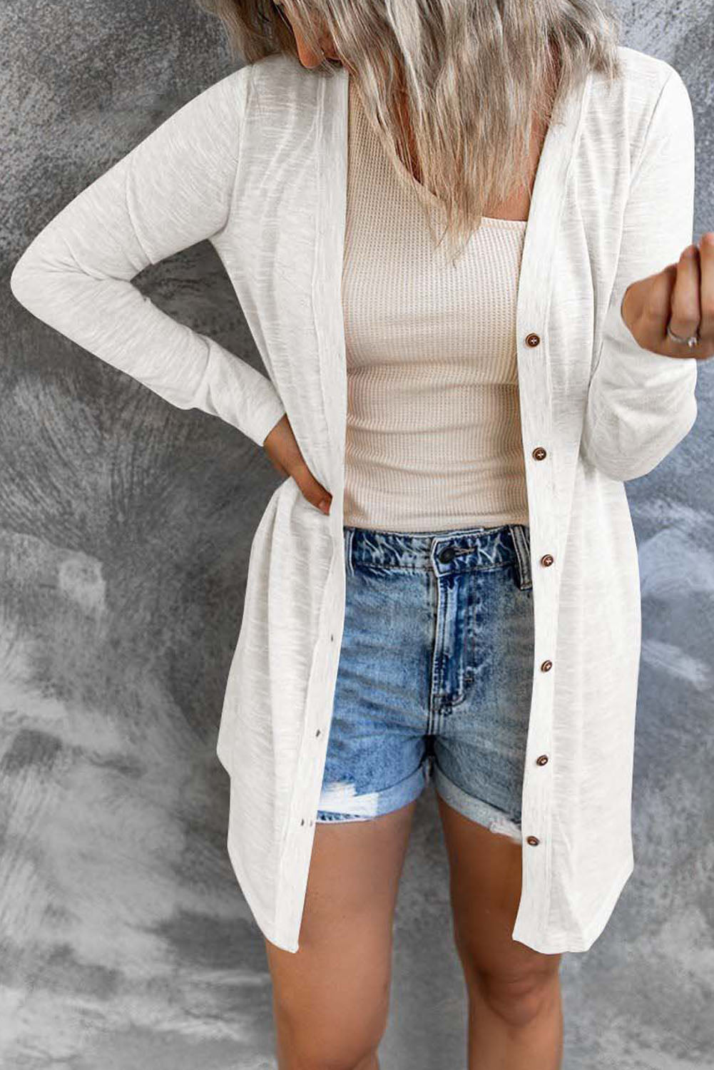 Solid Color Open-Front Buttons Cardigan-Sweaters & Cardigans/Cardigans-[Adult]-[Female]-2022 Online Blue Zone Planet