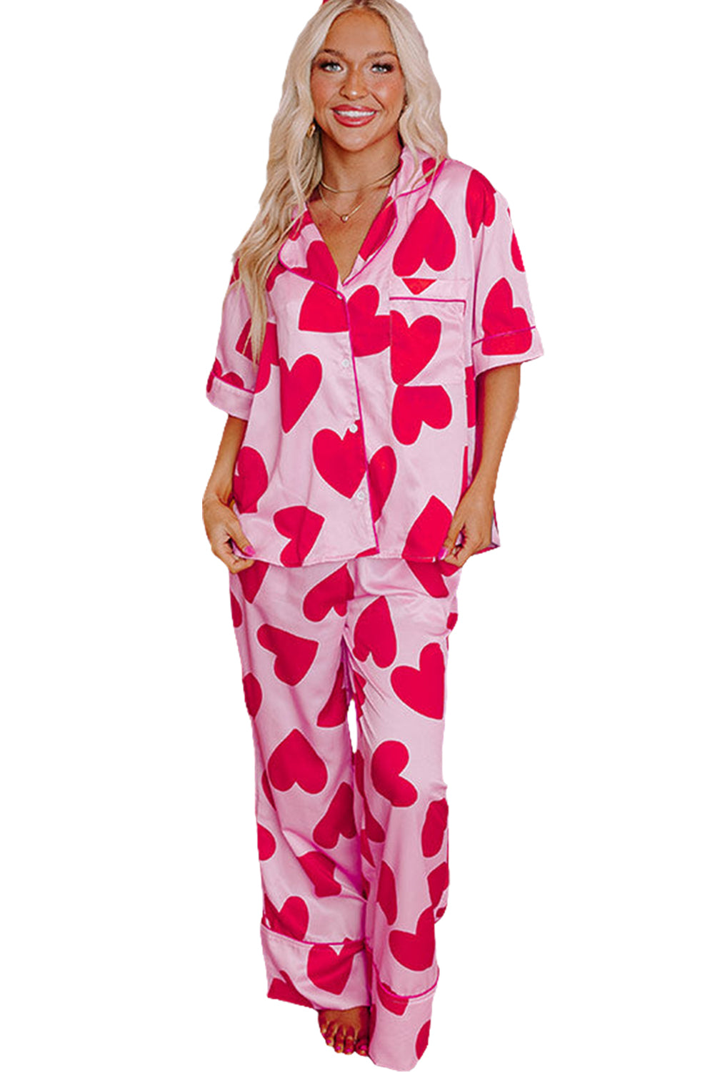 Pink Valentine Heart Short Sleeve Shirt Pajama Set-Loungewear Set-[Adult]-[Female]-2022 Online Blue Zone Planet