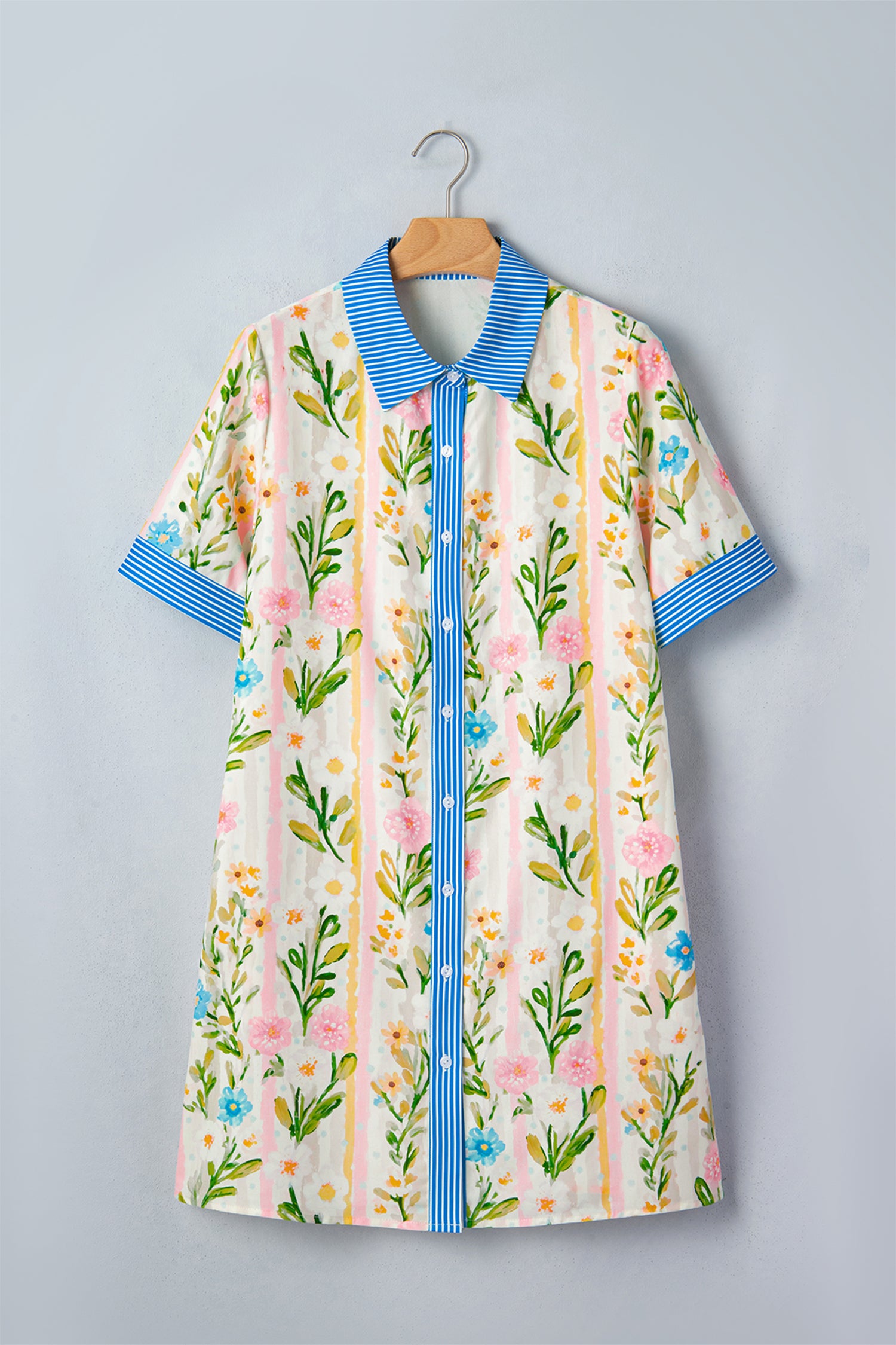 Multicolour Floral Print Striped Trim Button Down Shift Dress-Dresses/Mini Dresses-[Adult]-[Female]-2022 Online Blue Zone Planet
