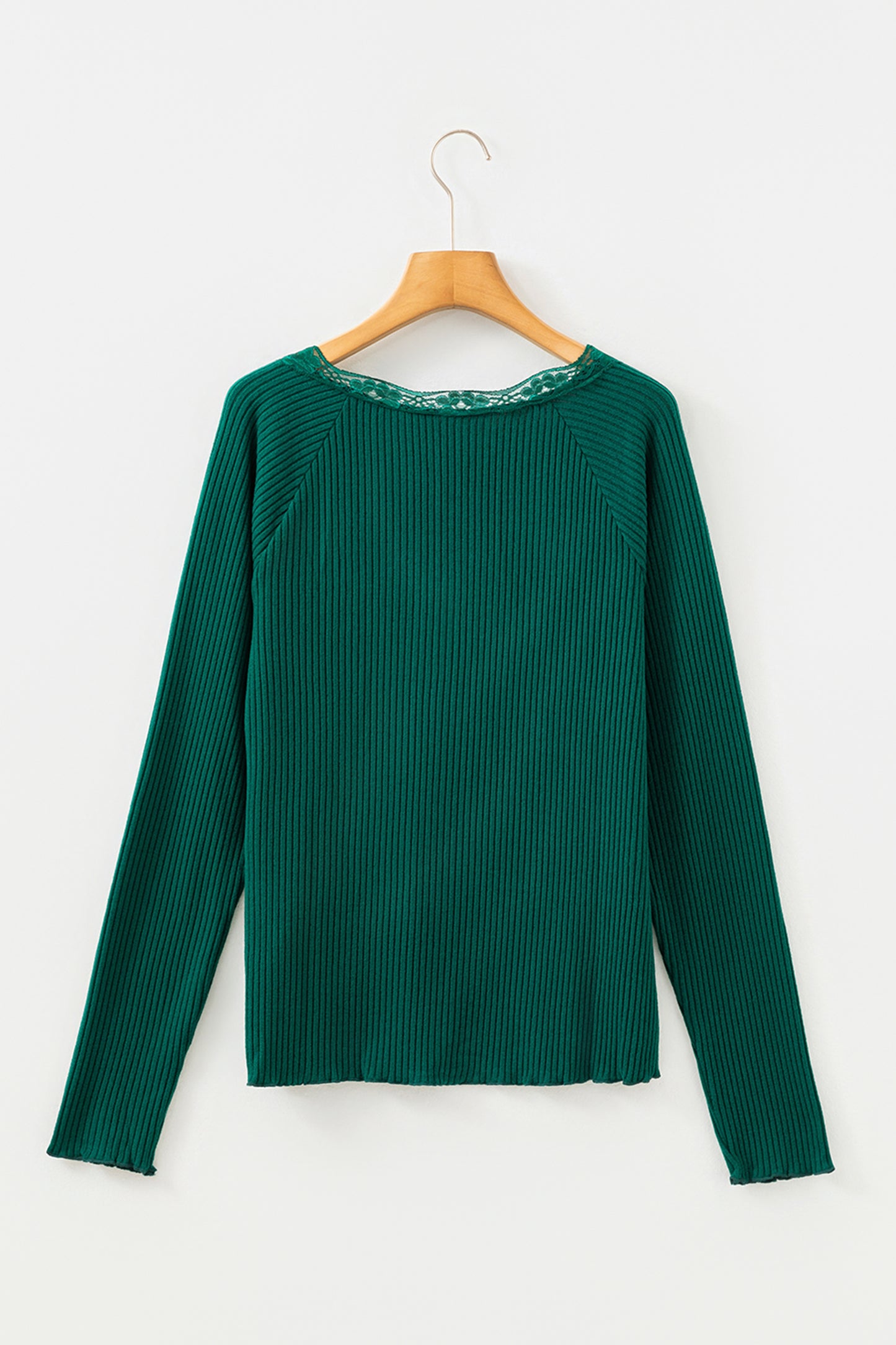 Skobeloff Lace Neckline Button Decor Lettuce Edge Long Sleeve Ribbed Top-Tops/Long Sleeve Tops-[Adult]-[Female]-2022 Online Blue Zone Planet