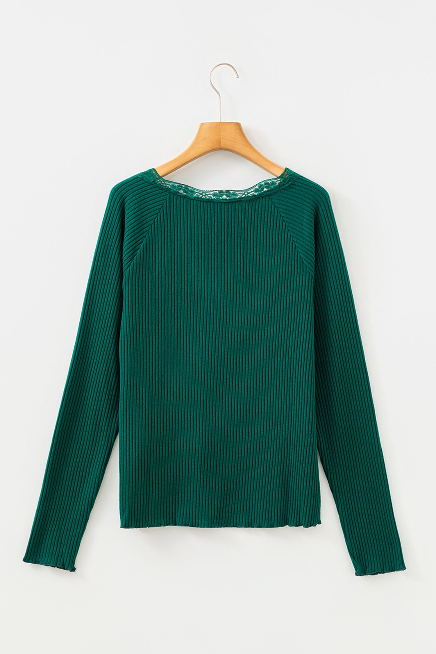 Skobeloff Lace Neckline Button Decor Lettuce Edge Long Sleeve Ribbed Top-Tops/Long Sleeve Tops-[Adult]-[Female]-2022 Online Blue Zone Planet