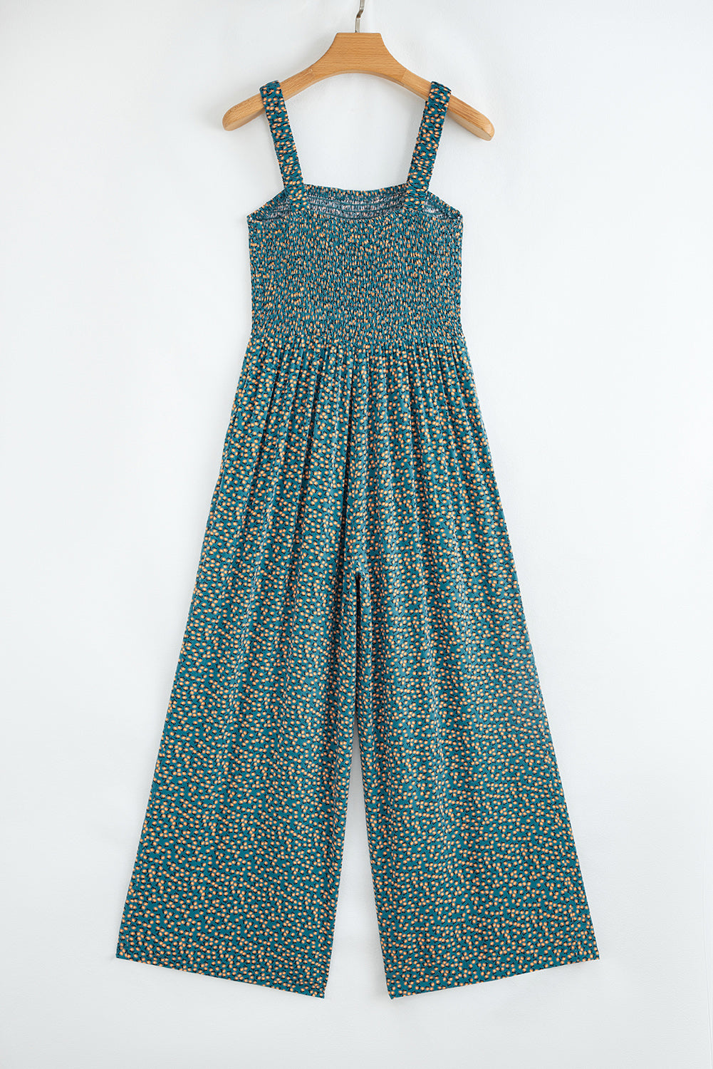Green Floral Print Smocked High Waist Square Neck Jumpsuit-Bottoms/Jumpsuits & Rompers-[Adult]-[Female]-2022 Online Blue Zone Planet