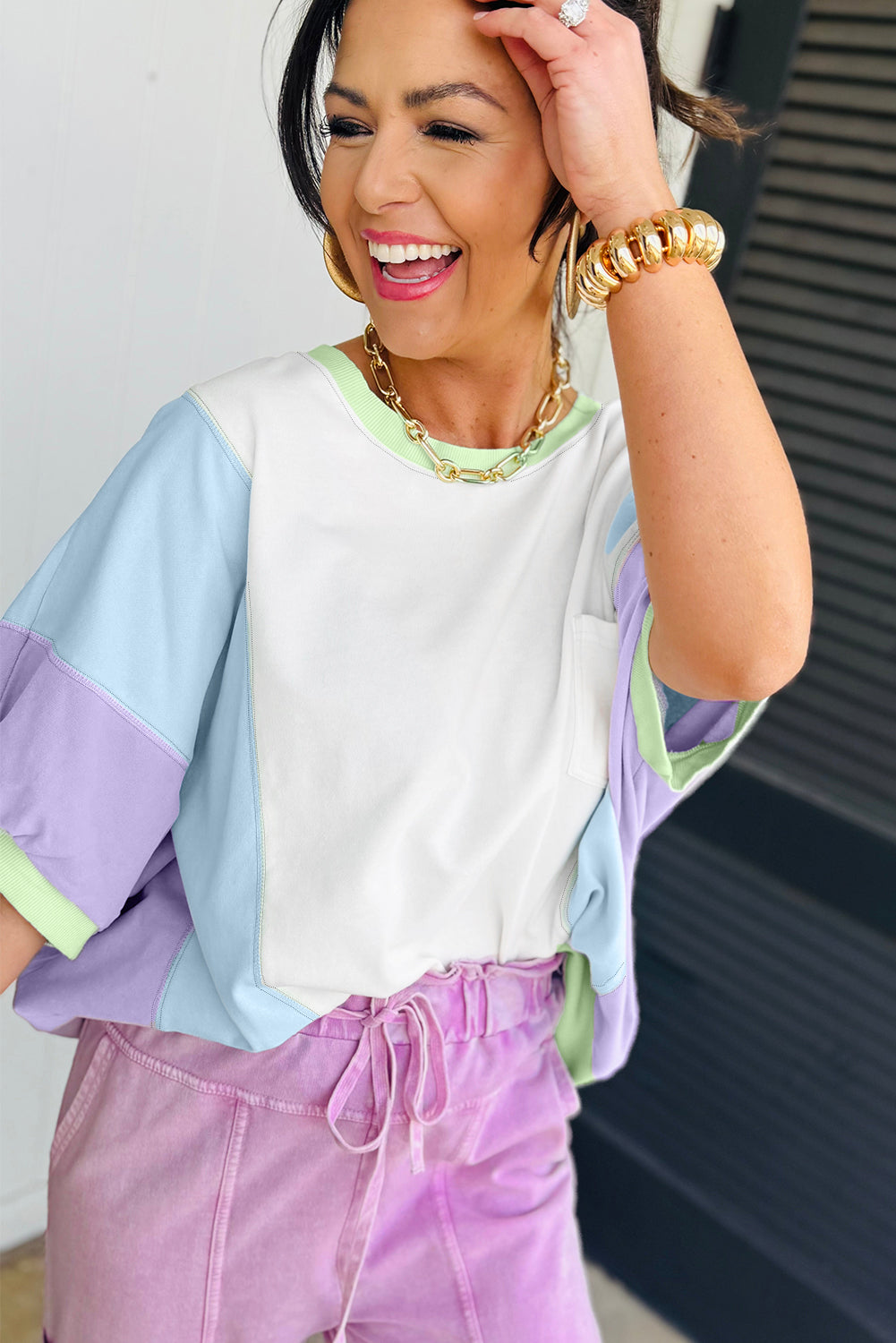 White Color Block Patchwork Half Sleeve Oversized T Shirt-Tops/Tops & Tees-[Adult]-[Female]-2022 Online Blue Zone Planet