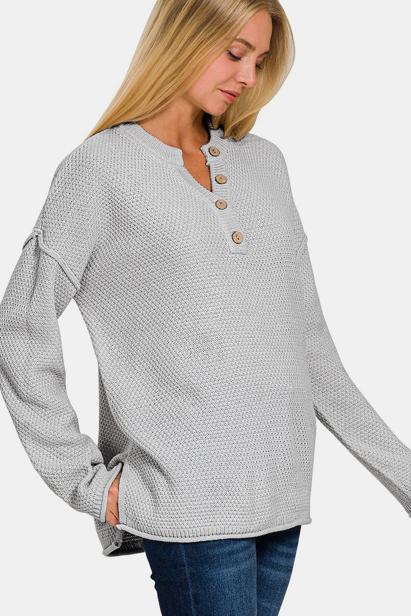 Blue Zone Planet | Zenana Button Closure Drop Shoulder Sweater-TOPS / DRESSES-[Adult]-[Female]-2022 Online Blue Zone Planet