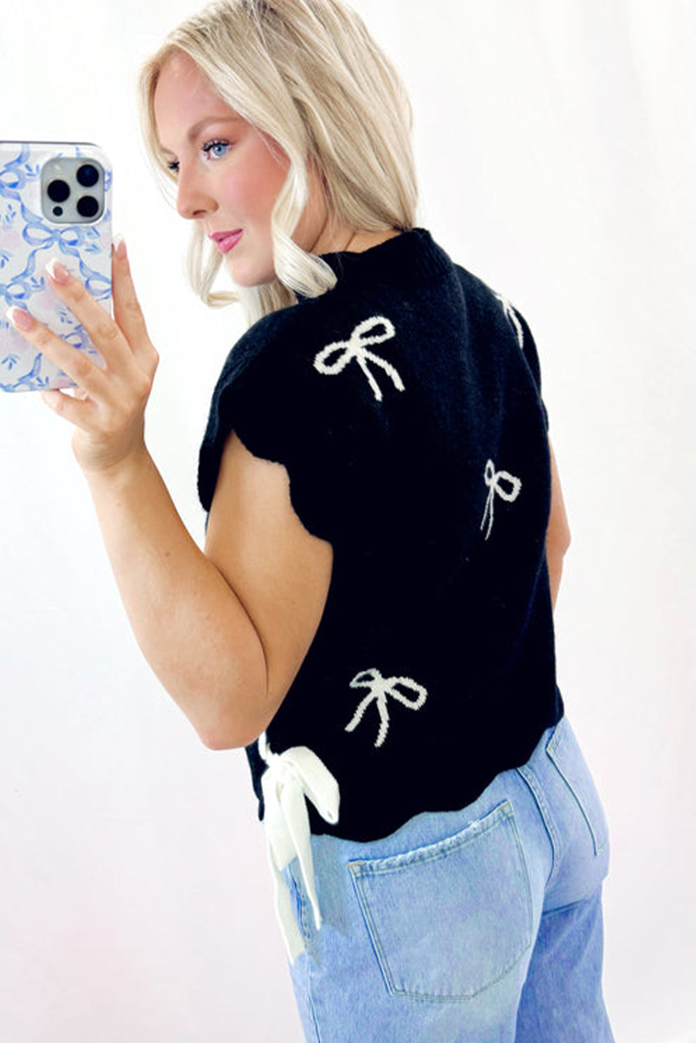 Black Bow Print Side Ties Scalloped Hem Sweater T Shirt-Sweaters & Cardigans/Short Sleeve Sweaters-[Adult]-[Female]-2022 Online Blue Zone Planet