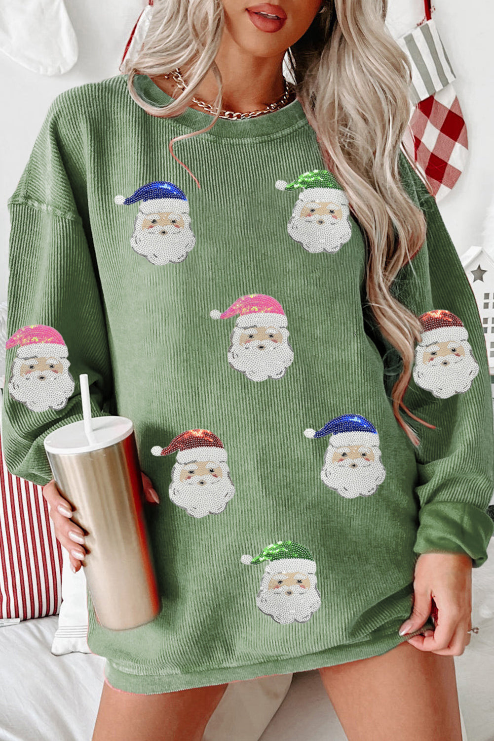 Grass Green Corded Ribbed Sequin Patched Santa Claus Graphic Sweatshirt-Graphic/Graphic Sweatshirts-[Adult]-[Female]-Grass Green-S-2022 Online Blue Zone Planet