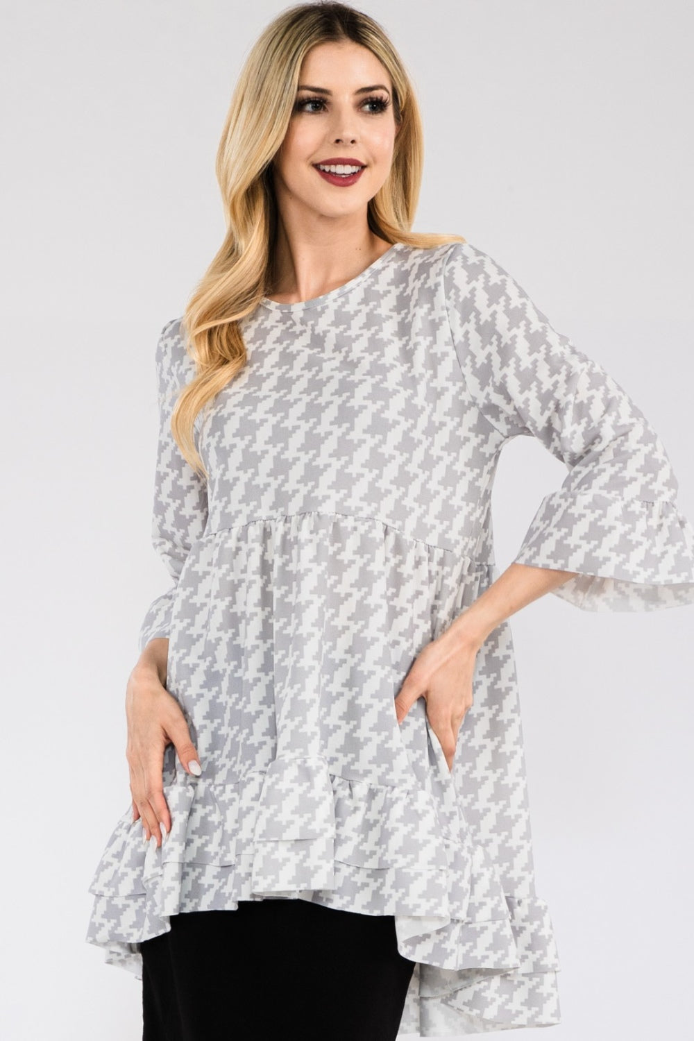 Celeste Full Size Houndstooth Flounce Sleeve High-Low Top-TOPS / DRESSES-[Adult]-[Female]-2022 Online Blue Zone Planet